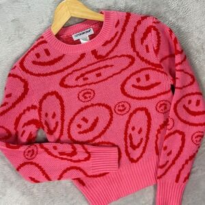 Cotton Emporium‎ Women's Pink Red Smiley Face Knit Sweater Pullover Sz XS Y2K